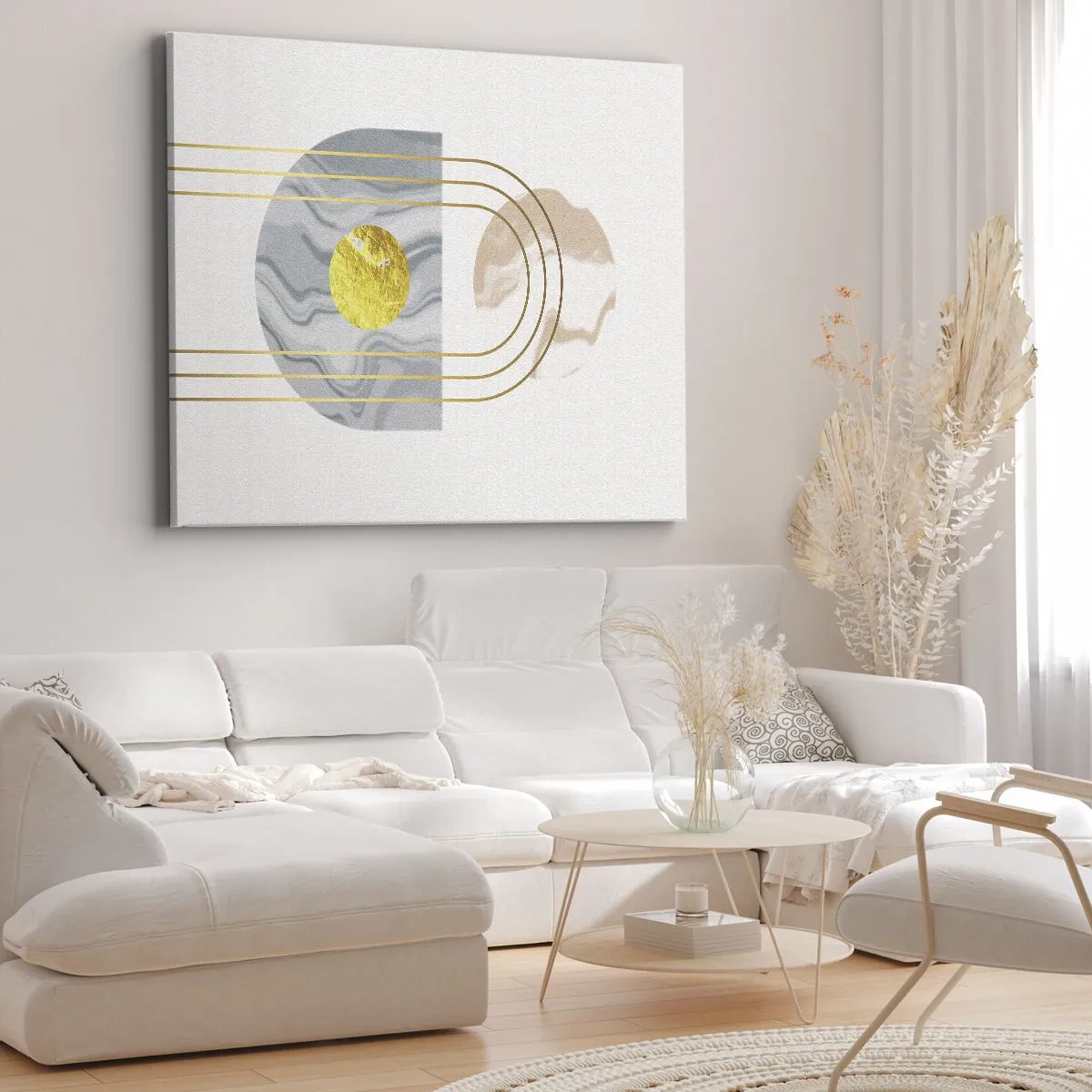 Tablou pe pânză Canvas - Compoziție abstractă cu cercuri și linii aurii pe un fundal deschis. - 70x50cm - Lumină și strălucire - Decorațiune modernă pentru perete pentru living și dormitor ARTTOR