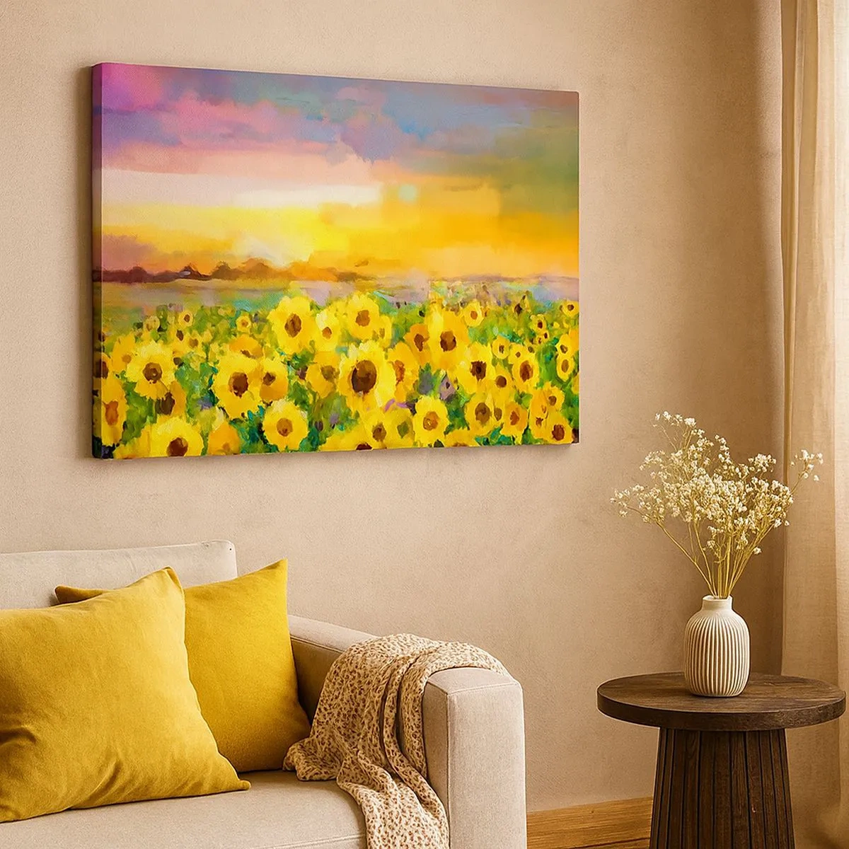 Tablou pe pânză Canvas - Un câmp de floarea-soarelui în lumina soarelui care apune - 70x50cm - Soarele însuși a coborât pe pământ - Decorațiune modernă pentru perete pentru living și dormitor ARTTOR