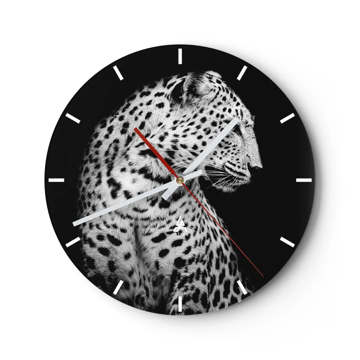 Ceas de perete - Ceas pe sticlă - Portret alb-negru al unui leopard pe fundal negru - 30x30cm - Profilul drept perfect! - Decorațiune modernă pentru perete pentru living, bucătărie și dormitor ARTTOR