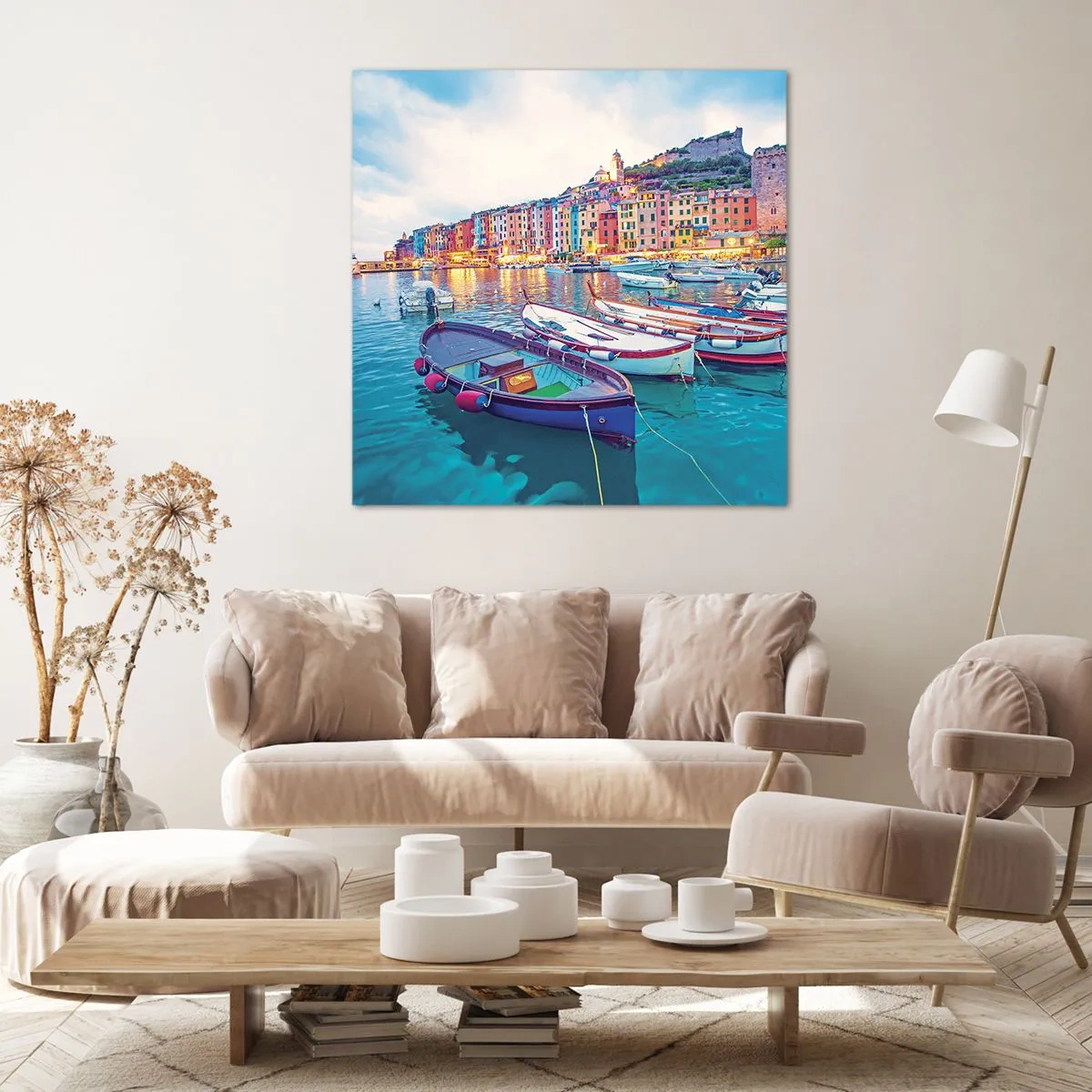 Tablou pe pânză - O seară plină de culoare în port - 30x30 cm