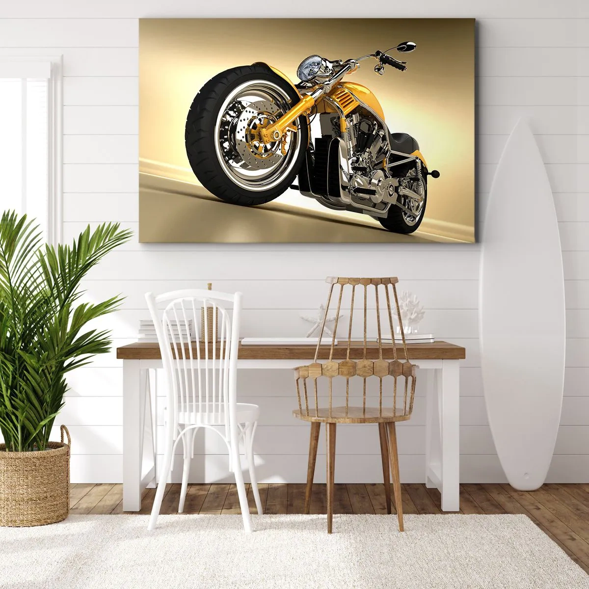 Tablou pe pânză Canvas - O motocicletă galbenă în stil chopper pe un perete bej - 70x50cm - Un vis de forță și viteză - Decorațiune modernă pentru perete pentru living și dormitor ARTTOR