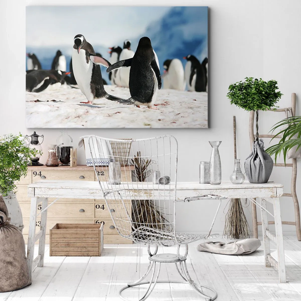 Tablou pe pânză Canvas - Un grup de pinguini în zăpadă într-un peisaj antarctic - 70x50cm - Dansul în zăpadă - Decorațiune modernă pentru perete pentru living și dormitor ARTTOR