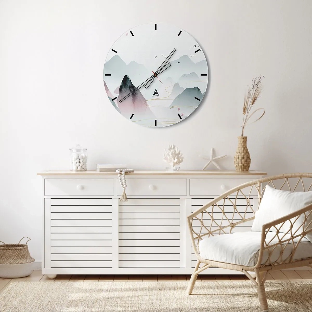 Ceas de perete - Ceas pe sticlă - Un peisaj montan minimalist în nuanțe pastelate cu păsări în zbor. - 30x30cm - Peste vârfuri - Decorațiune modernă pentru perete pentru living, bucătărie și dormitor ARTTOR