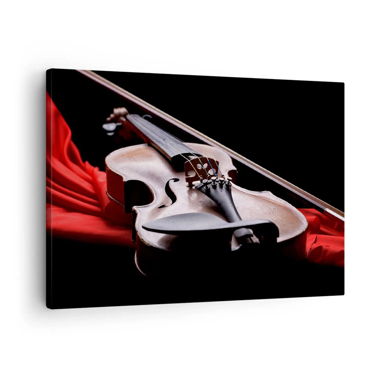 Tablou pe pânză Canvas - Vioară pe material textil roșu cu fundal negru - 70x50cm - Muzica sentimentelor - Decorațiune modernă pentru perete pentru living și dormitor ARTTOR