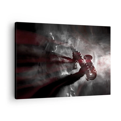 Tablou pe pânză Canvas - Saxofonist în fum pe scenă în negru și roșu atmosferic - 70x50cm - În aburul jazzului - Decorațiune modernă pentru perete pentru living și dormitor ARTTOR