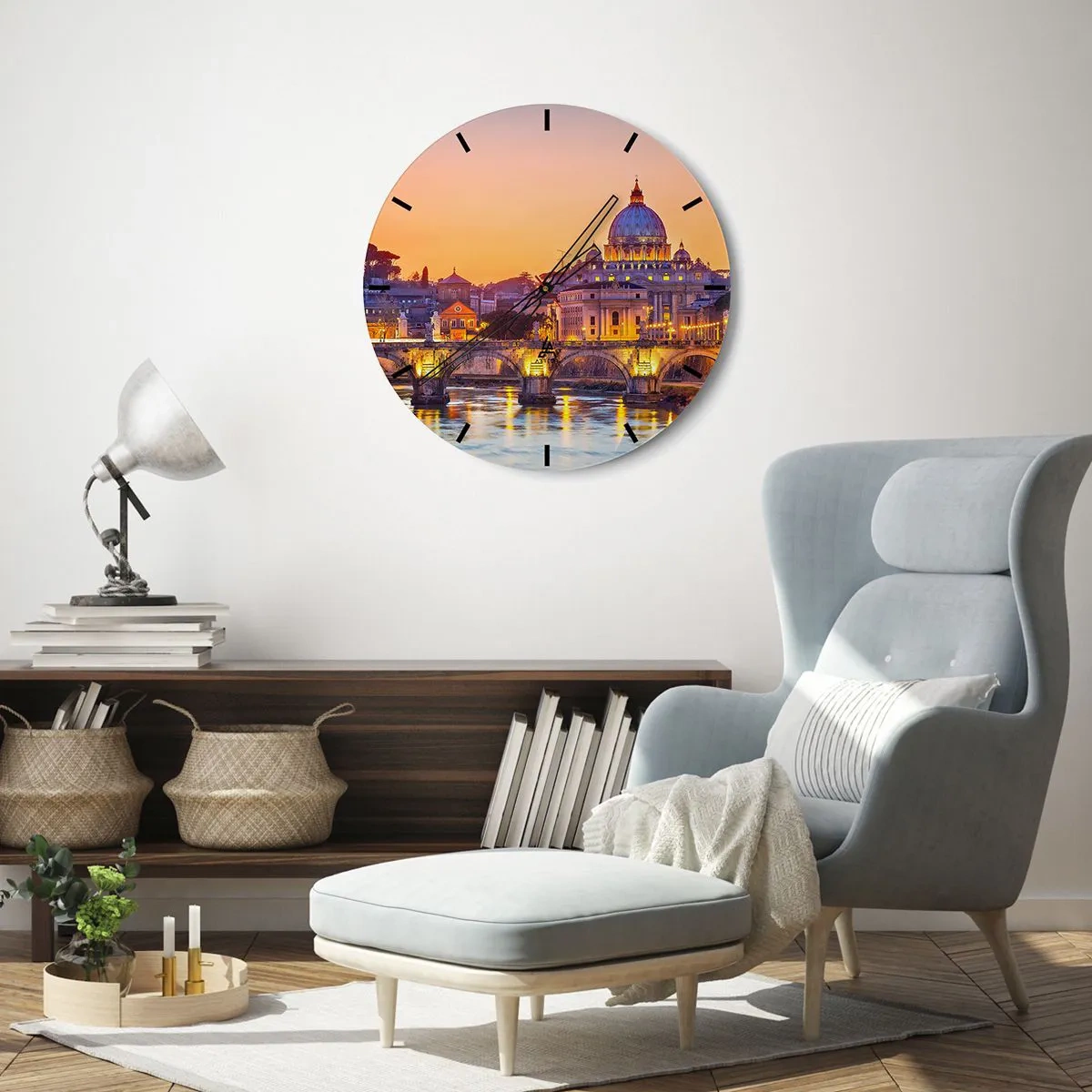 Ceas de perete - Ceas pe sticlă - Panoramă a Romei cu Bazilica Sfântul Petru la apus - 30x30cm - Amurg deasupra Orașului Etern - Decorațiune modernă pentru perete pentru living, bucătărie și dormitor ARTTOR