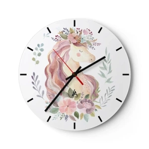 Ceas de perete - Ceas pe sticlă - Cap de unicorn în acuarelă cu coroană de flori - 30x30cm - O invitație în lumea basmelor - Decorațiune modernă pentru perete pentru living, bucătărie și dormitor ARTTOR