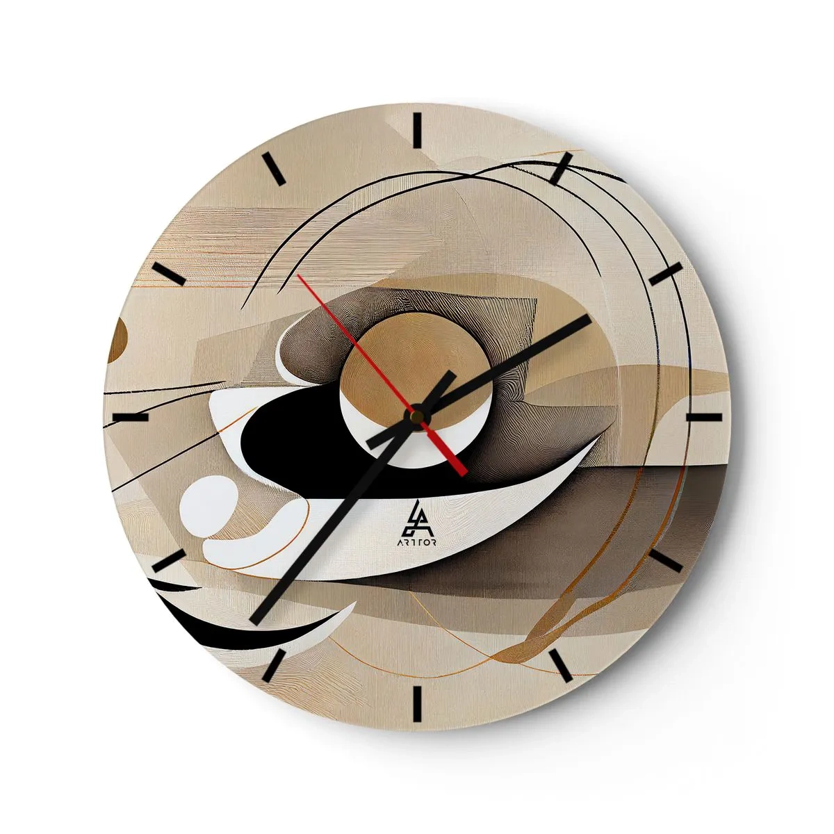 Ceas de perete - Ceas pe sticlă - O compoziție geometrică cu arcuri și forme în nuanțe de bej. - 30x30cm - Compoziție - nucleu - Decorațiune modernă pentru perete pentru living, bucătărie și dormitor ARTTOR