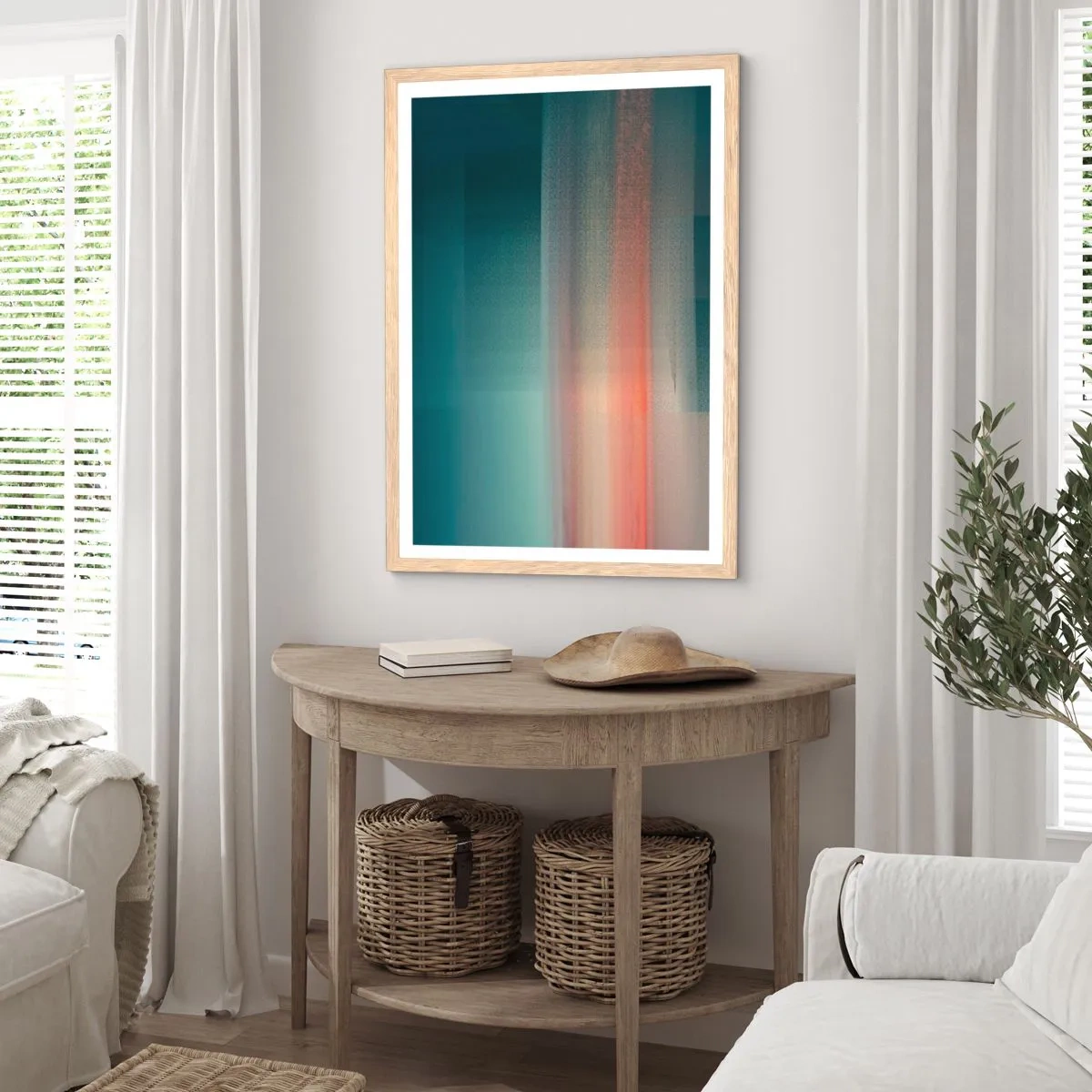 Poster în ramă de stejar deschis - Abstracție: unde de lumină - 61x91 cm