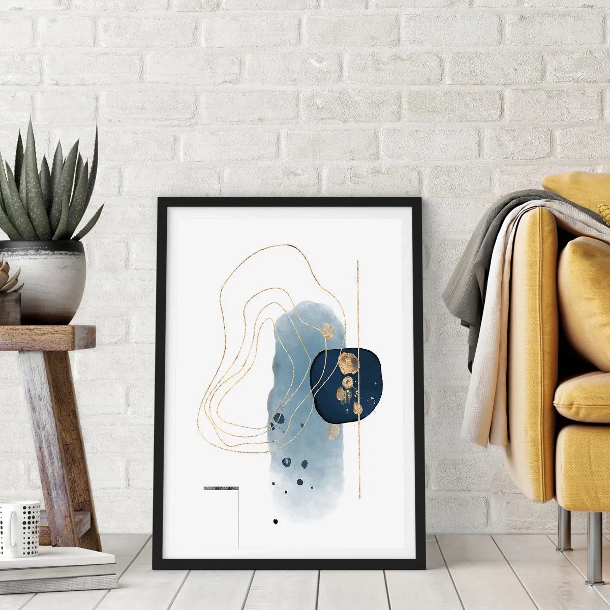 Poster în ramă neagră - O compoziție abstractă modernă în nuanțe de albastru și auriu. - 50x70cm - Fantezie albastru-auriu - Decorațiune modernă pentru perete pentru living și dormitor ARTTOR