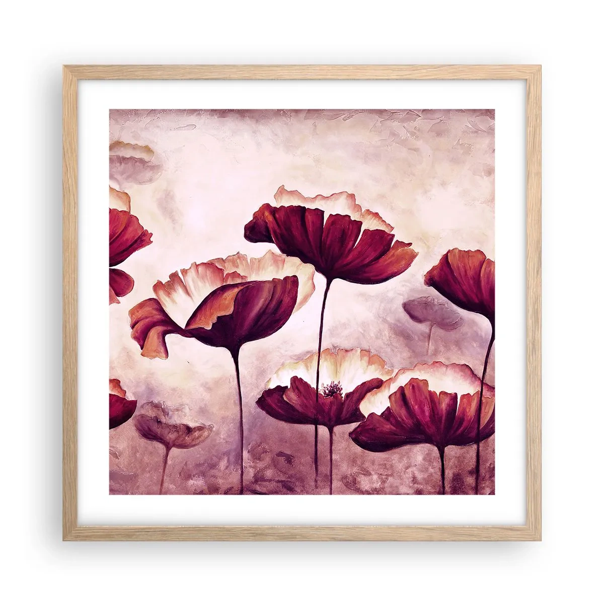 Poster în ramă de stejar deschis - Fulgi roșii și albi - 50x50 cm