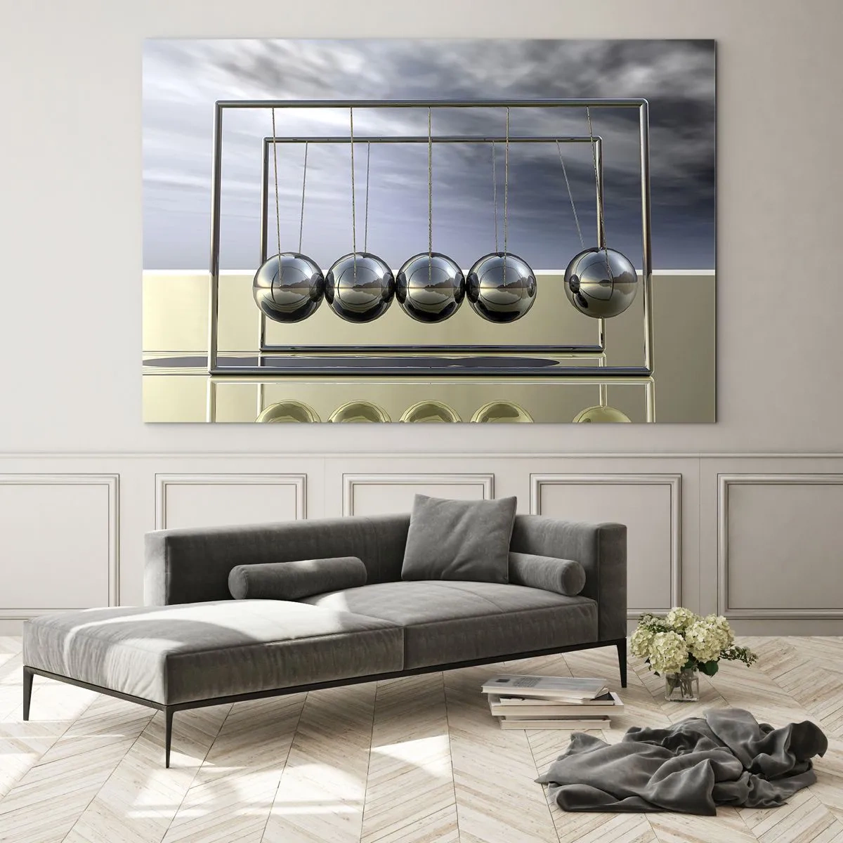 Tablou pe sticlă - Sferele lui Newton într-o abordare minimalistă - 70x50cm - Energia lumii - Decorațiune modernă pentru perete pentru living și dormitor ARTTOR