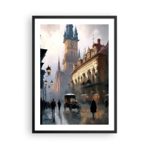 Poster în ramă neagră - Oraș istoric la amurg cu un vehicul istoric - 50x70cm - Magia unei seri la Praga - Decorațiune modernă pentru perete pentru living și dormitor ARTTOR