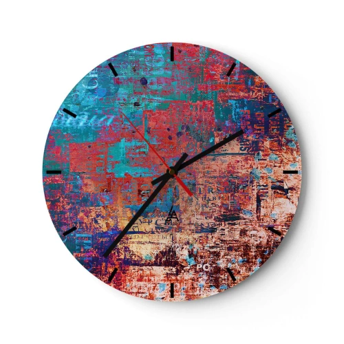 Ceas de perete - Ceas pe sticlă - compoziție abstractă în nuanțe intense de roșu și albastru. - 30x30cm - Memorie și uitare - Decorațiune modernă pentru perete pentru living, bucătărie și dormitor ARTTOR