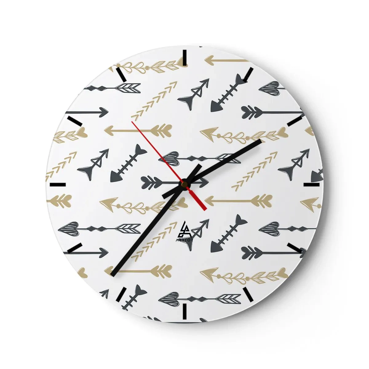 Ceas de perete - Ceas pe sticlă - Model decorativ cu diverse săgeți pe fundal alb - 30x30cm - Visul arcașului - Decorațiune modernă pentru perete pentru living, bucătărie și dormitor ARTTOR