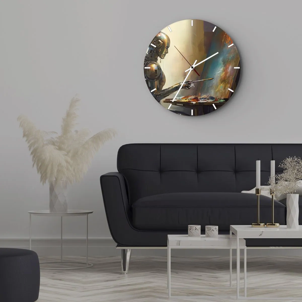 Ceas de perete - Ceas pe sticlă - Un robot pictează un tablou pe un șevalet - 30x30cm - Arta viitorului - Decorațiune modernă pentru perete pentru living, bucătărie și dormitor ARTTOR