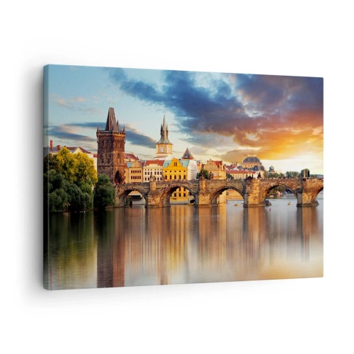 Tablou pe pânză Canvas - Podul istoric peste râu în lumina soarelui care apune - 70x50cm - Frumoasă pentru veacuri - Decorațiune modernă pentru perete pentru living și dormitor ARTTOR