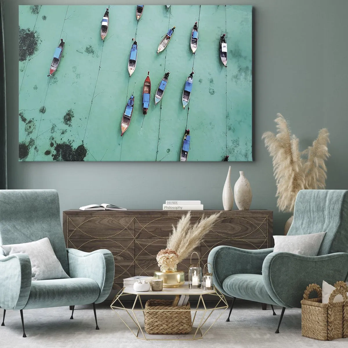 Tablou pe pânză Canvas - O vedere de sus a bărcilor pe apa turcoaz - 70x50cm - În așteptare - Decorațiune modernă pentru perete pentru living și dormitor ARTTOR
