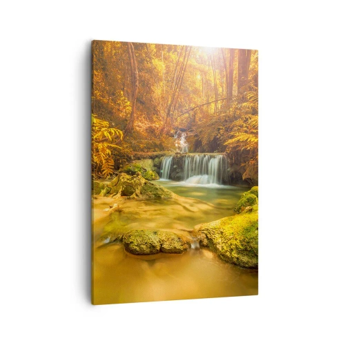 Tablou pe pânză - Cascadă de pădure în aur - 50x70 cm