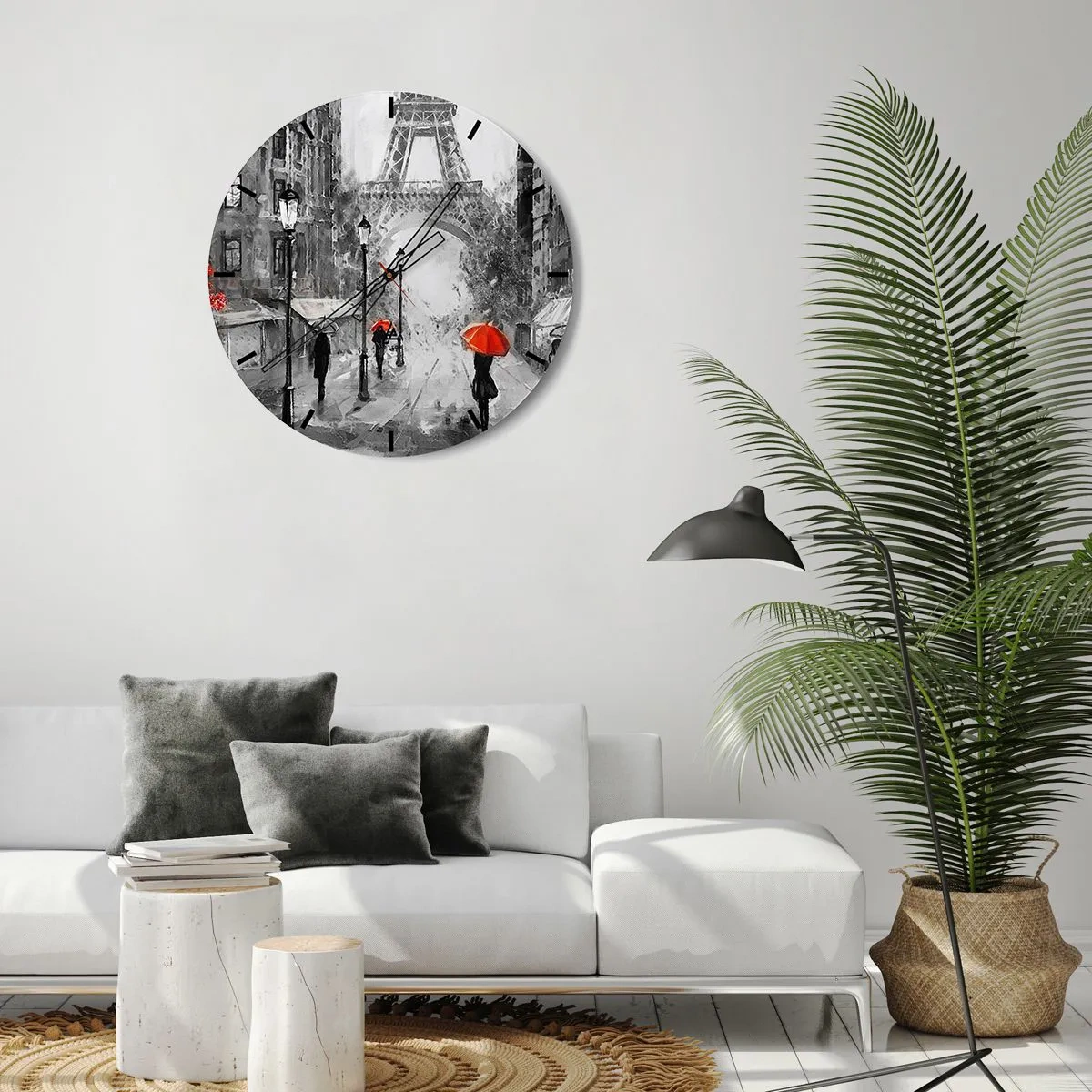 Ceas de perete - Ceas pe sticlă - Stradă alb-neagră cu Turnul Eiffel și umbrele roșii - 30x30cm - Toate drumurile duc la el - Decorațiune modernă pentru perete pentru living, bucătărie și dormitor ARTTOR