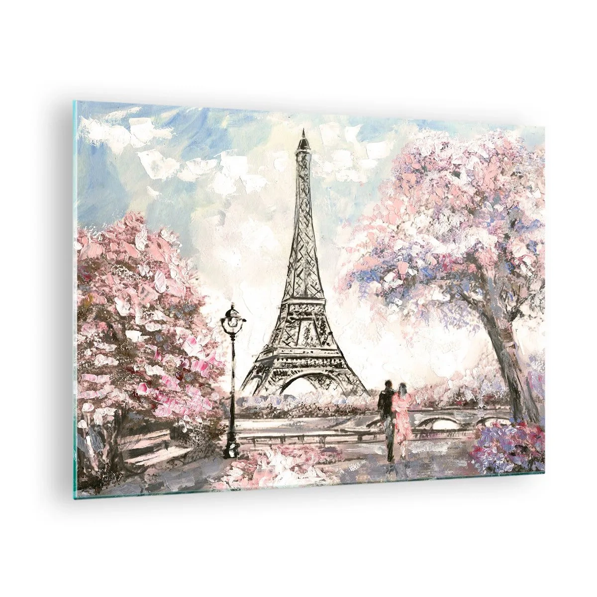Tablou pe sticlă - Ilustrație a Turnului Eiffel într-un cadru de primăvară - 70x50cm - Plimbare în aprilie la Paris - Decorațiune modernă pentru perete pentru living și dormitor ARTTOR