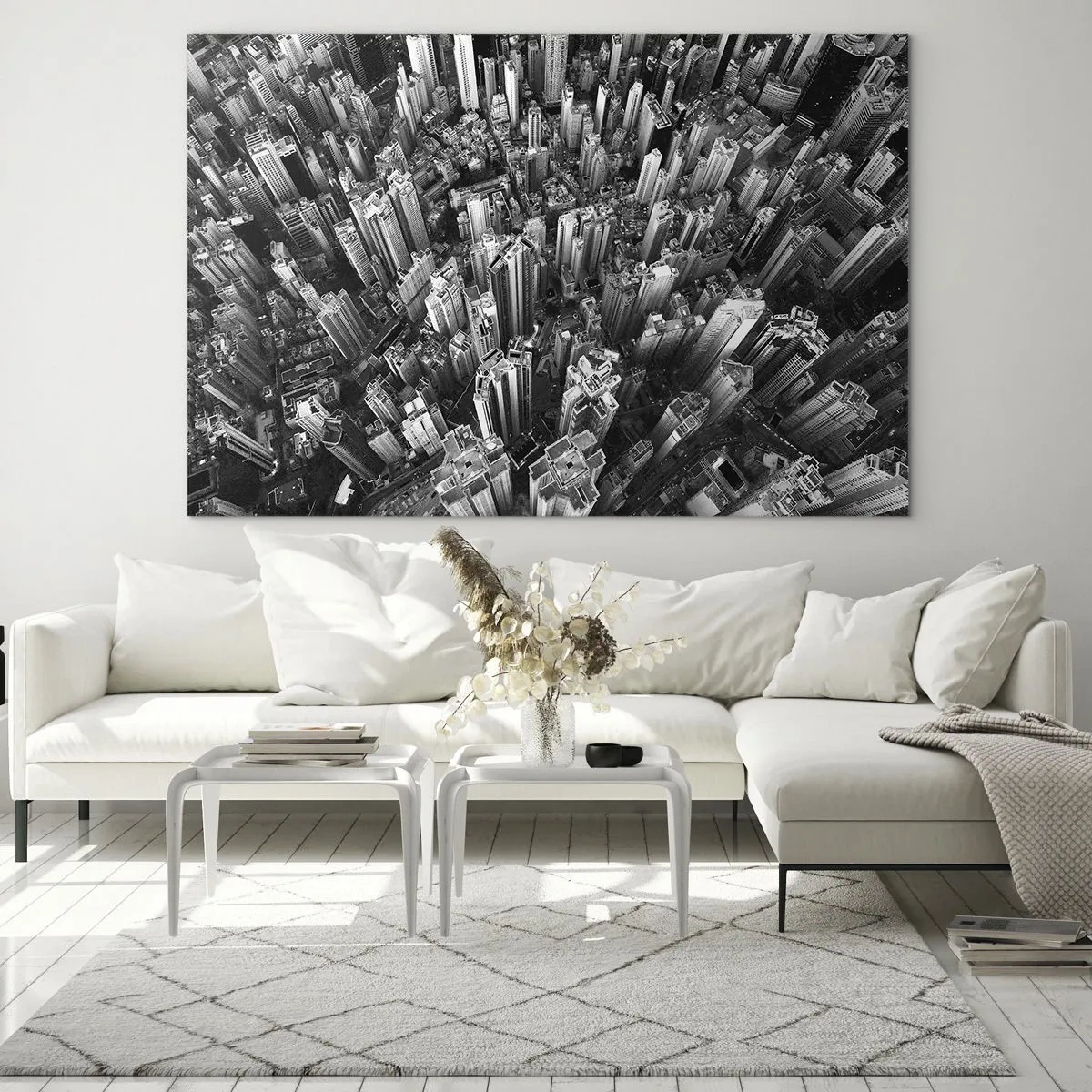 Tablou pe sticlă - Vedere de pasăre a orașului, alb-negru - 70x50cm - Din ce în ce mai sus - Decorațiune modernă pentru perete pentru living și dormitor ARTTOR