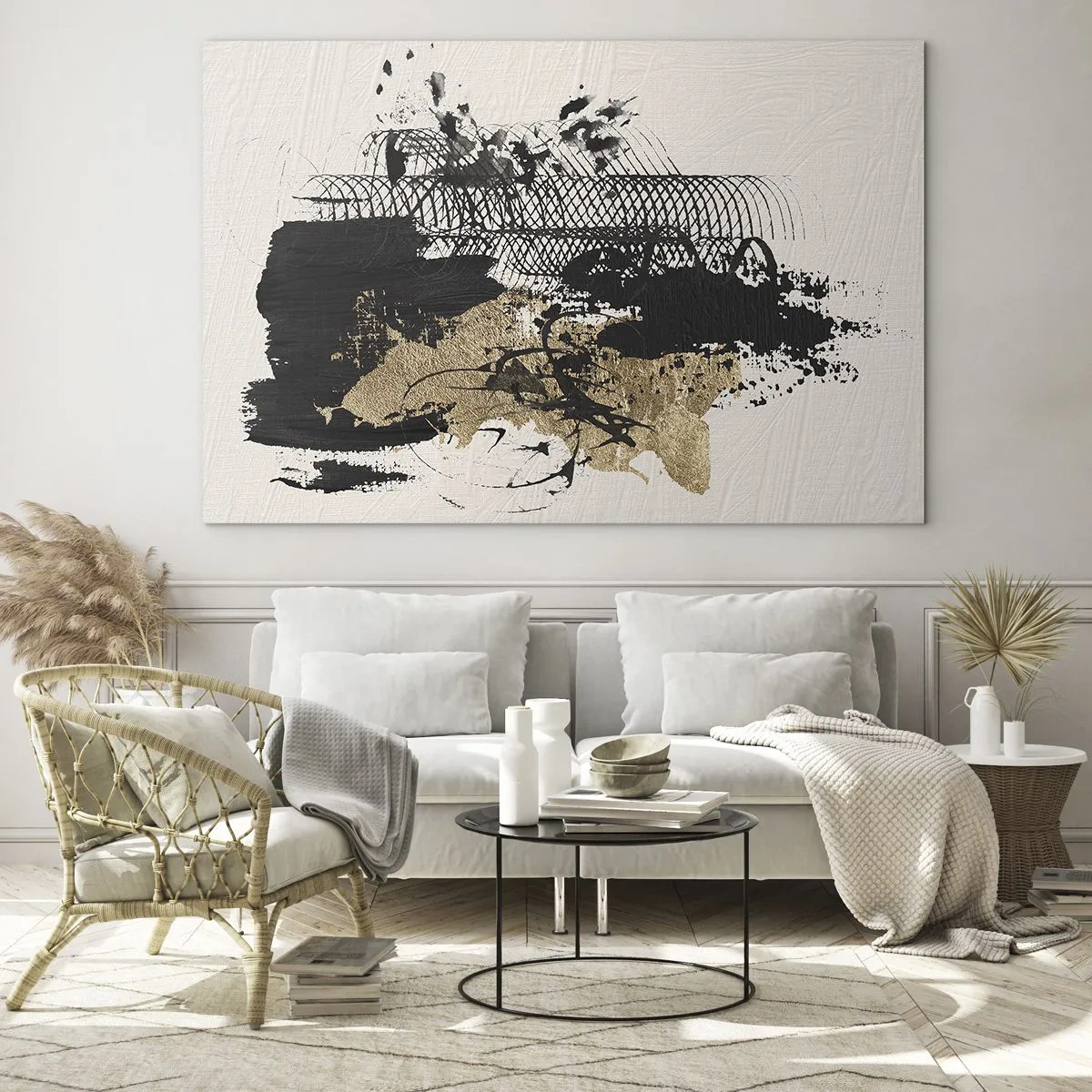 Tablou pe sticlă - Compoziție abstractă în negru și auriu pe un fundal deschis - 70x50cm - Compoziție cu pasiune - Decorațiune modernă pentru perete pentru living și dormitor ARTTOR
