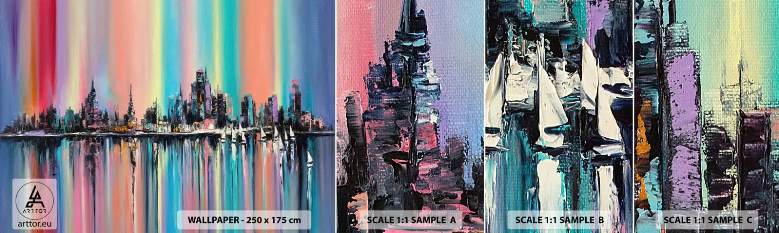 Mostră tapet autocolant Deluxe Sticker - Strălucește cu lumina nopții - Oraș, Arhitectură, Râu - 100x30 cm