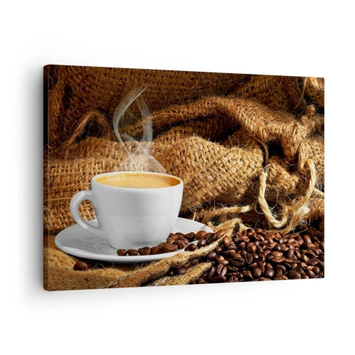 Tablou pe pânză Canvas - O ceașcă de cafea înconjurată de un plic de boabe de cafea - 70x50cm - Mirosul de mokka și densitatea lichidului de miere - Decorațiune modernă pentru perete pentru living și dormitor ARTTOR