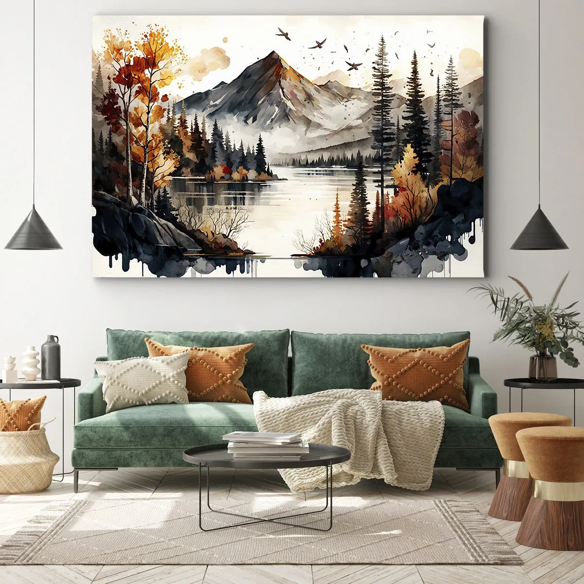 Tablou pe pânză Canvas - Peisaj montan de toamnă cu lac și copaci în acuarelă - 70x50cm - Toamna de aur în munți - Decorațiune modernă pentru perete pentru living și dormitor ARTTOR