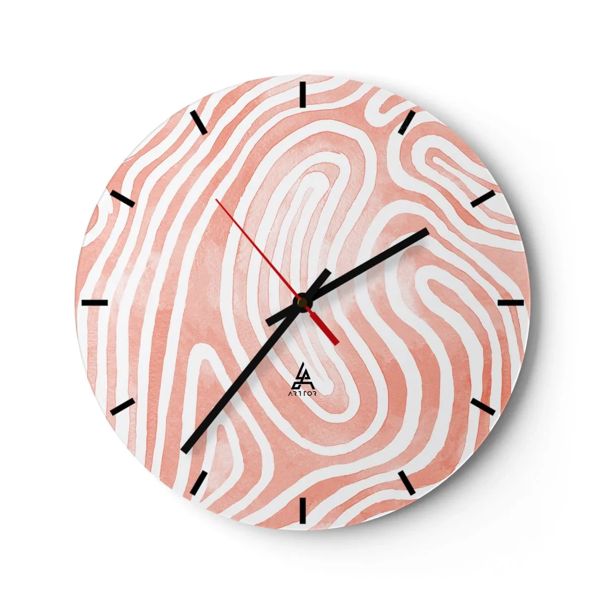 Ceas de perete - Ceas pe sticlă - Model abstract care seamănă cu amprente digitale în roz - 30x30cm - Într-un labirint de coral - Decorațiune modernă pentru perete pentru living, bucătărie și dormitor ARTTOR