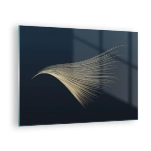 Tablou pe sticlă - O linie aurie care seamănă cu o aripă pe un fundal bleumarin - 70x50cm - Ca părul unui înger - Decorațiune modernă pentru perete pentru living și dormitor ARTTOR