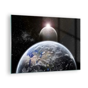 Tablou pe sticlă - Pământul și Luna în spațiu - 70x50cm - Peisaj cosmic - răsărit de soare - Decorațiune modernă pentru perete pentru living și dormitor ARTTOR