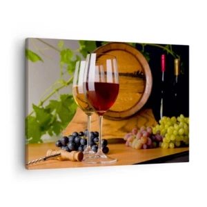 Tablou pe pânză Canvas - Pahare de vin cu struguri, un butoi și sticle pe o masă de lemn - 70x50cm - Ca la vechii maeștri - Decorațiune modernă pentru perete pentru living și dormitor ARTTOR