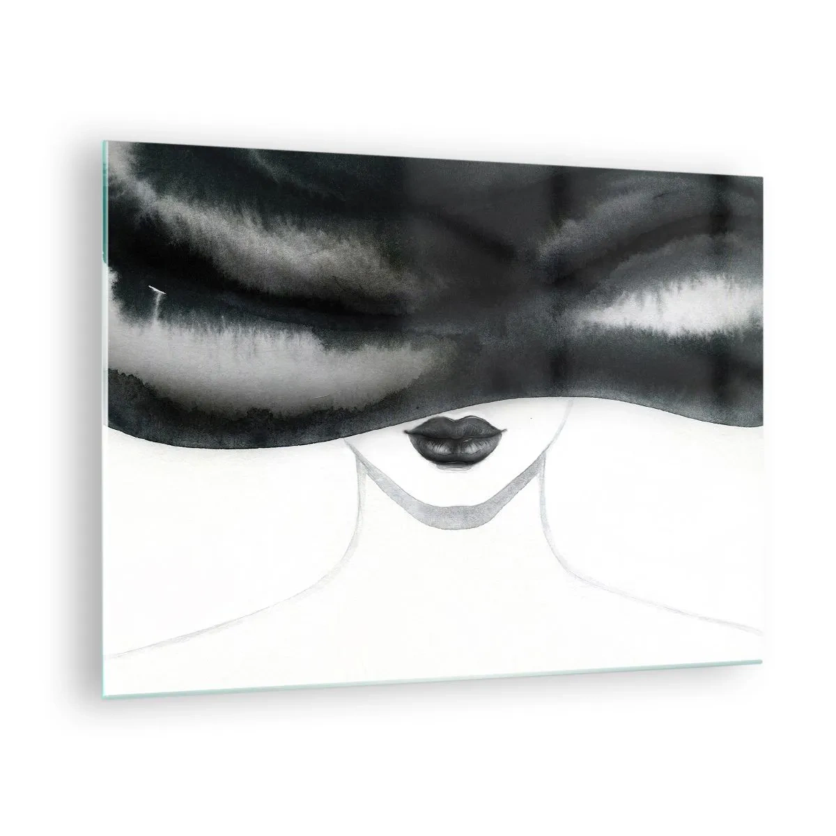 Tablou pe sticlă - Față misterioasă cu ochii acoperiți în acuarelă alb-negru - 70x50cm - Un mister senzual - Decorațiune modernă pentru perete pentru living și dormitor ARTTOR
