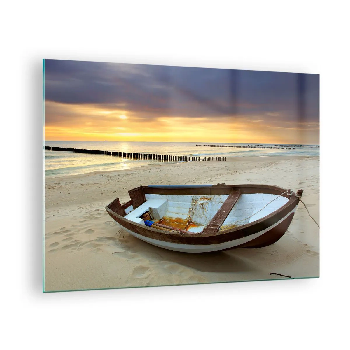 Tablou pe sticlă - O barcă pe o plajă cu nisip la răsărit - 70x50cm - Plaje mai frumoase nu există - Decorațiune modernă pentru perete pentru living și dormitor ARTTOR