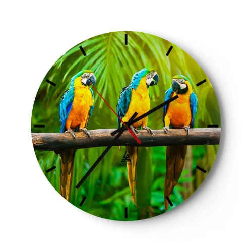 Ceas de perete - Ceas pe sticlă - Trei papagali macaw pe o ramură într-un cadru tropical - 30x30cm - Și ai auzit că ea...? - Decorațiune modernă pentru perete pentru living, bucătărie și dormitor ARTTOR