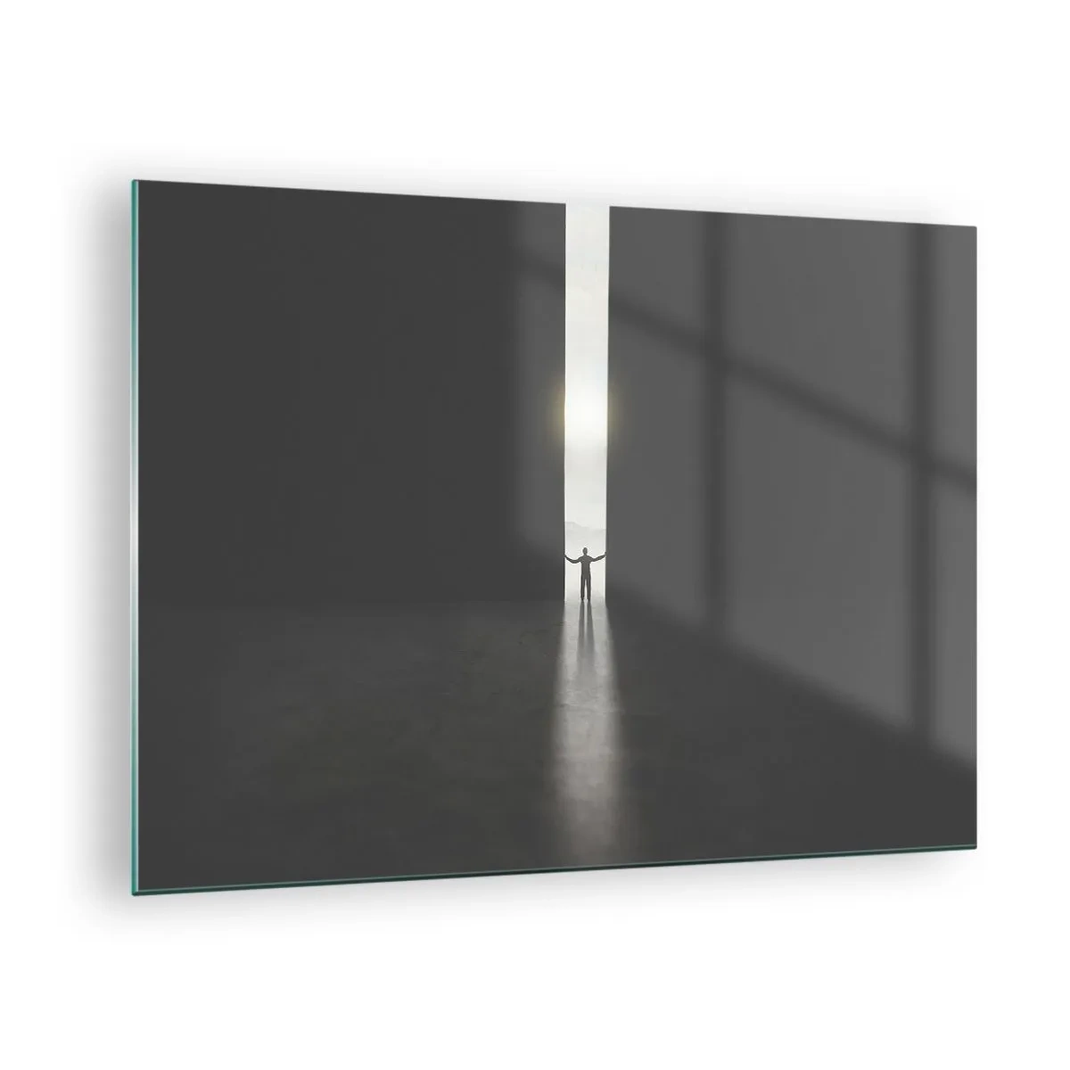Tablou pe sticlă - Silueta unui bărbat care deschide o ușă către o lumină puternică - 70x50cm - Un pas spre un viitor luminos - Decorațiune modernă pentru perete pentru living și dormitor ARTTOR