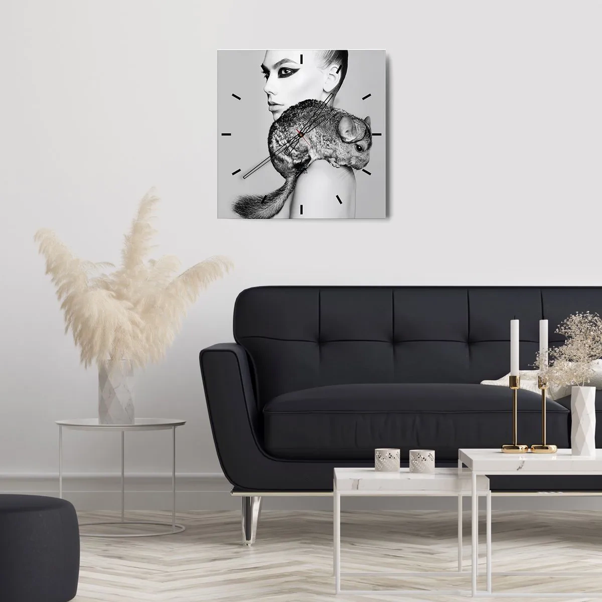 Ceas de perete - Ceas pe sticlă - Dama cu șinșilă - 30x30 cm