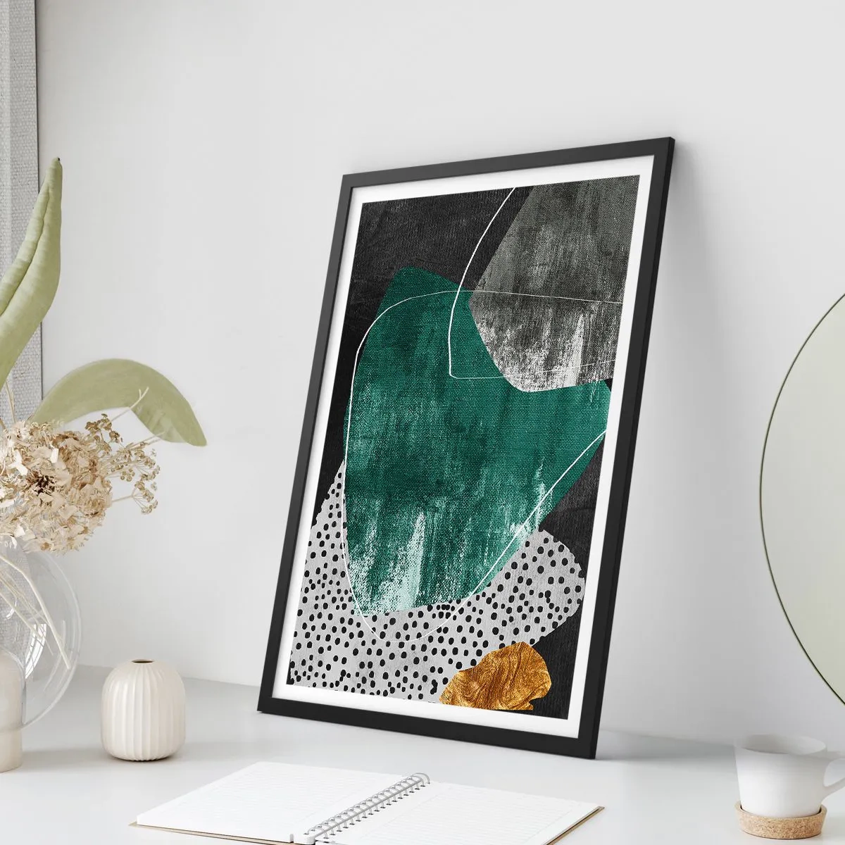 Poster în ramă neagră - Abstracție colorată cu fulgi de aur - 40x50 cm