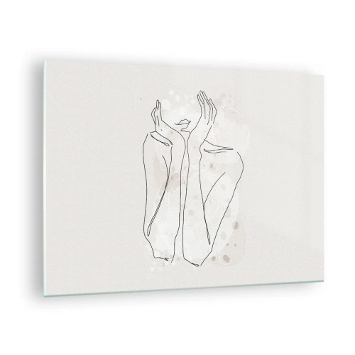 Tablou pe sticlă - O schiță minimalistă a mâinilor și buzelor unei femei pe un fundal bej. - 70x50cm - Un moment pentru vis - Decorațiune modernă pentru perete pentru living și dormitor ARTTOR