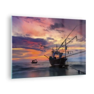 Tablou pe sticlă - Bărci de pescuit pe mare la apus - 70x50cm - O seară exotică - Decorațiune modernă pentru perete pentru living și dormitor ARTTOR