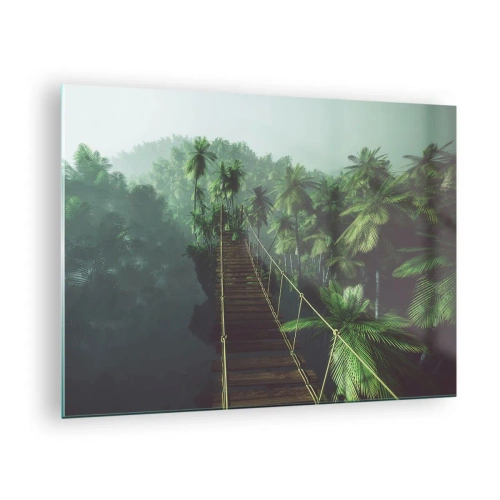 Tablou pe sticlă - Un pod de frânghie în junglă, înconjurat de palmieri - 70x50cm - Deasupra cazanului verde - Decorațiune modernă pentru perete pentru living și dormitor ARTTOR