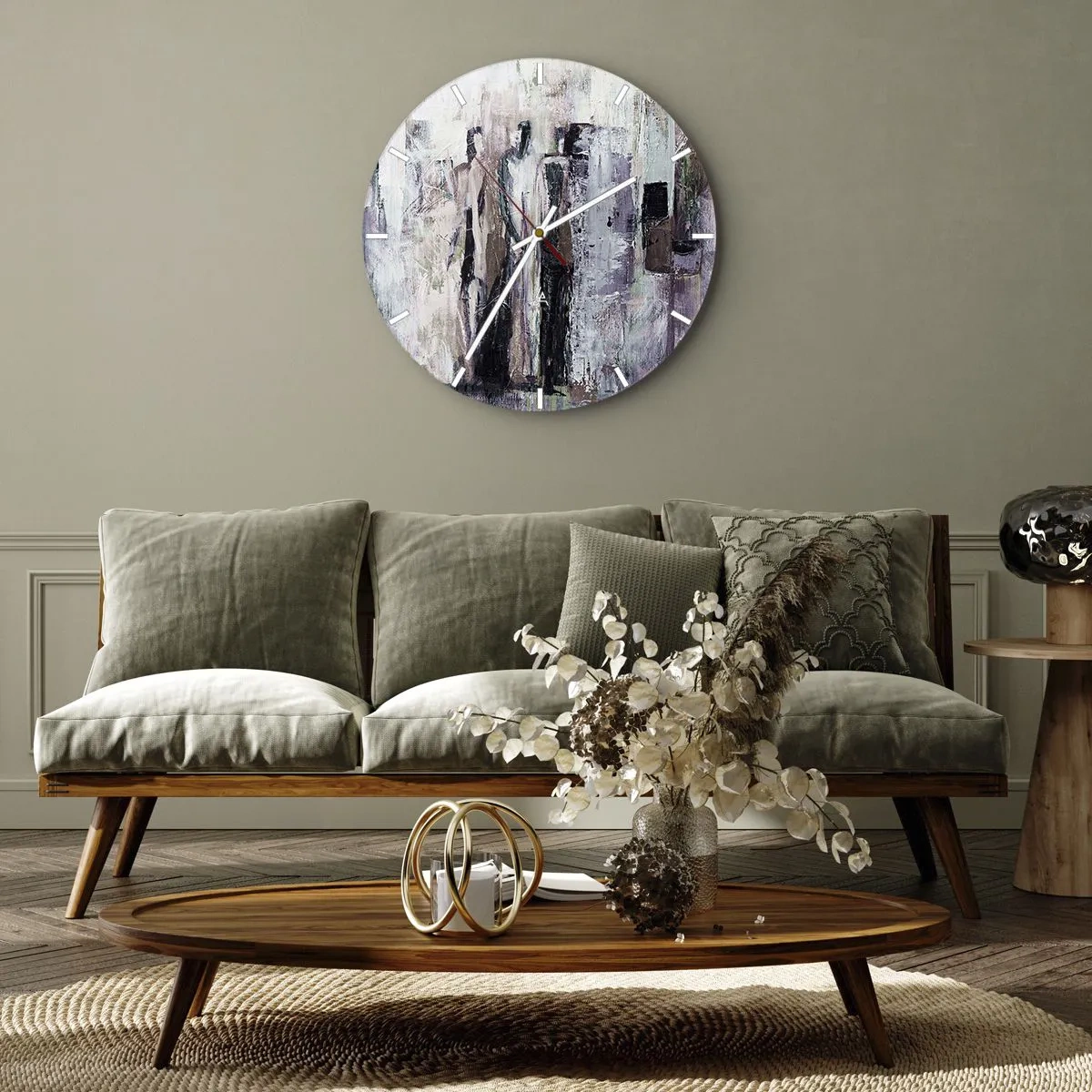 Ceas de perete - Ceas pe sticlă - Figuri abstracte într-o paletă de culori discrete - 30x30cm - Cei trei misterioși - Decorațiune modernă pentru perete pentru living, bucătărie și dormitor ARTTOR