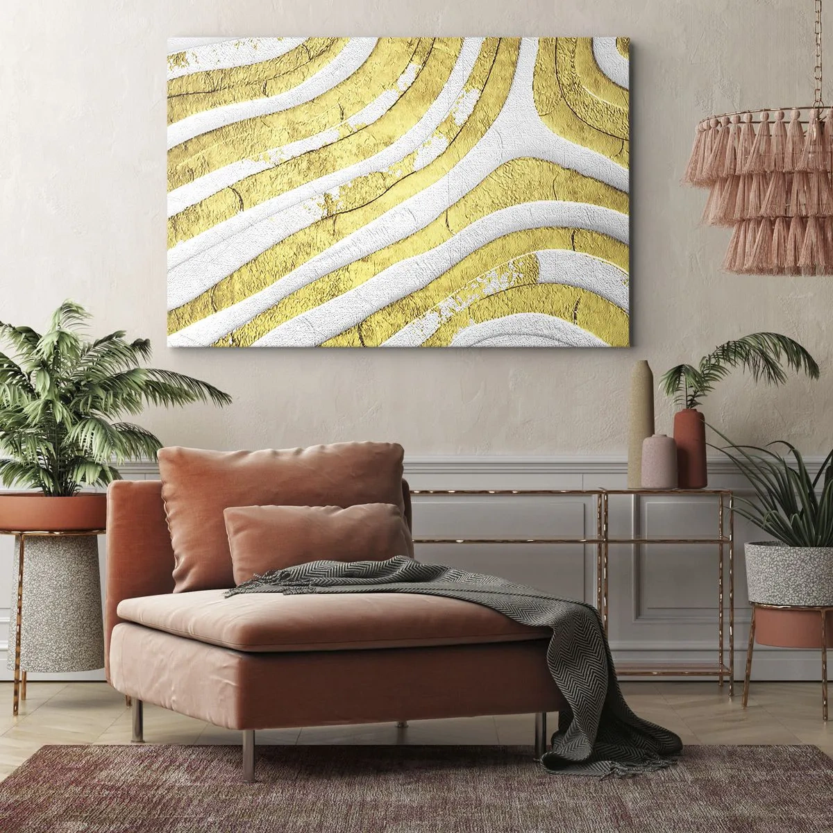 Tablou pe pânză Canvas - Linii abstracte aurii și albe într-o textură 3D - 70x50cm - Compoziția în alb și auriu - Decorațiune modernă pentru perete pentru living și dormitor ARTTOR