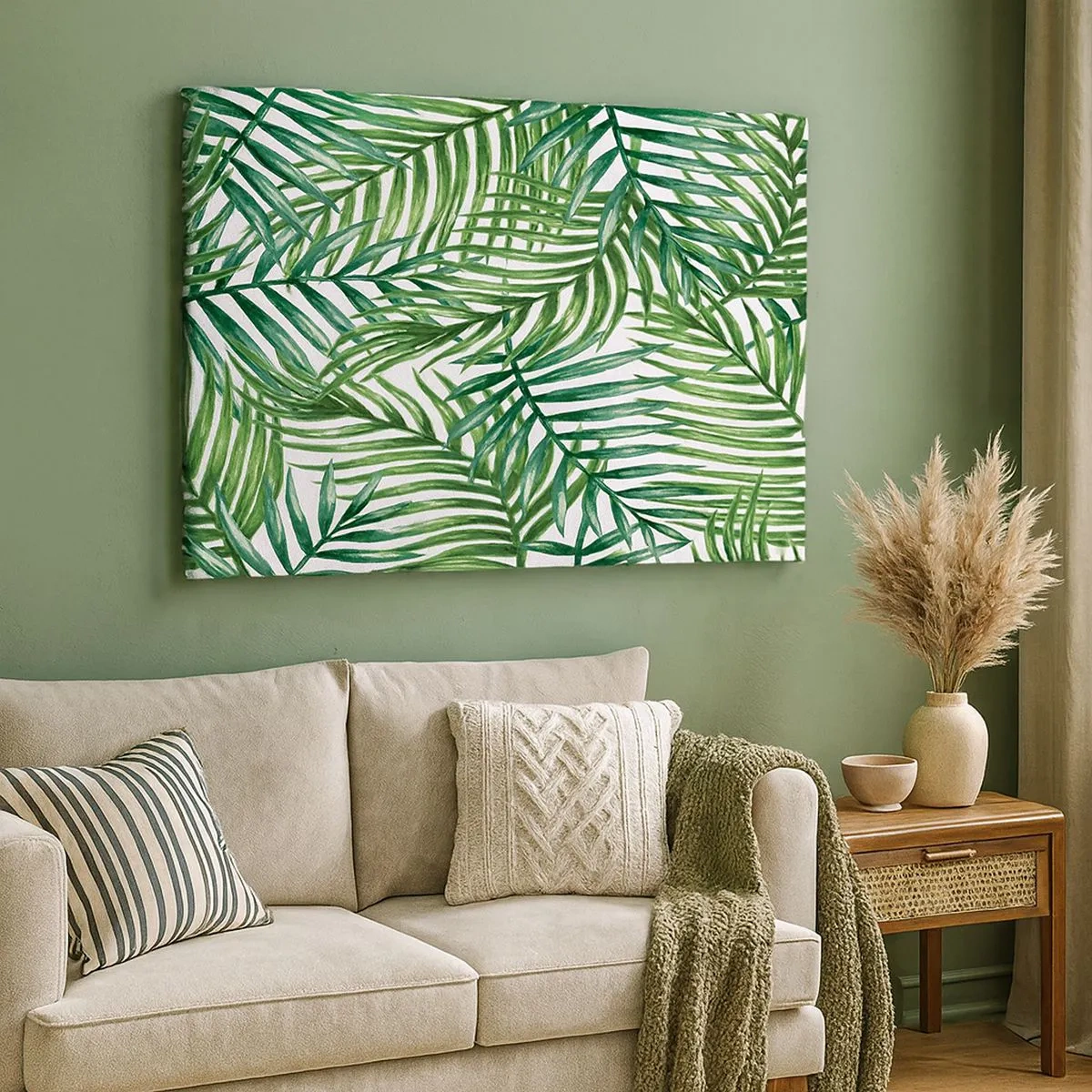 Tablou pe pânză Canvas - Frunze de palmier tropicale verzi pe un fundal deschis - 70x50cm - Sub bolta verde - Decorațiune modernă pentru perete pentru living și dormitor ARTTOR