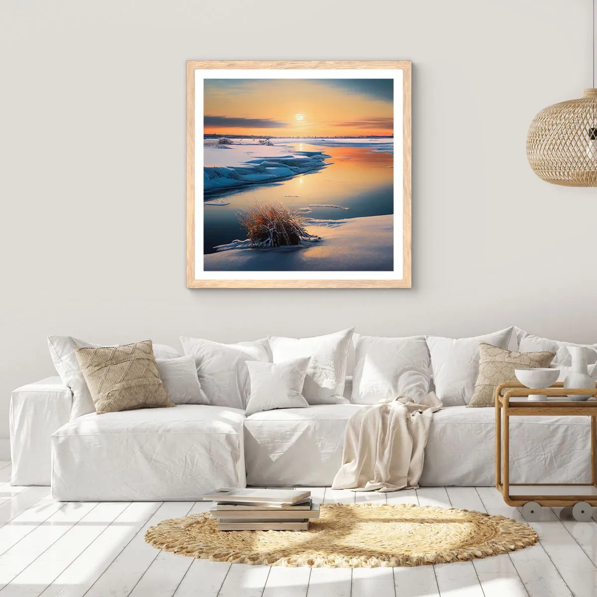 Poster în ramă de stejar deschis - Apus de soare pe timp de iarnă - 60x60 cm
