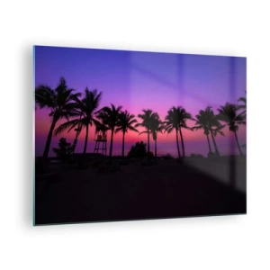 Tablou pe sticlă - Palmieri pe fundalul unui apus de soare roz-violet - 70x50cm - O seară sub palmieri - Decorațiune modernă pentru perete pentru living și dormitor ARTTOR