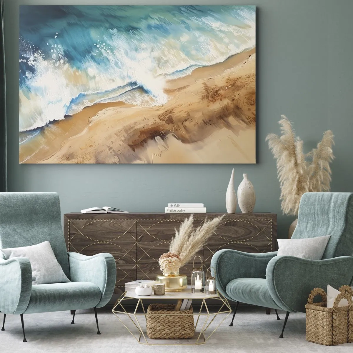 Tablou pe pânză Canvas - Un val de mare izbindu-se de țărmul nisipos - 70x50cm - Unda de întoarcere - Decorațiune modernă pentru perete pentru living și dormitor ARTTOR