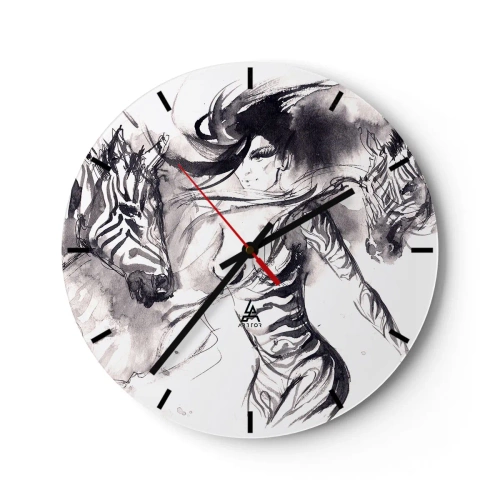 Ceas de perete - Ceas pe sticlă - O femeie într-o formă artistică dansând cu două persoane adunate - 30x30cm - Dansând cu zebrele - Decorațiune modernă pentru perete pentru living, bucătărie și dormitor ARTTOR